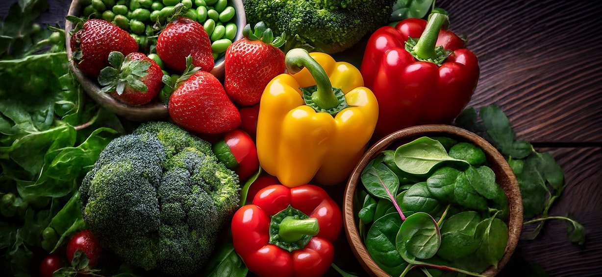 Variedad de frutas y verduras frescas 